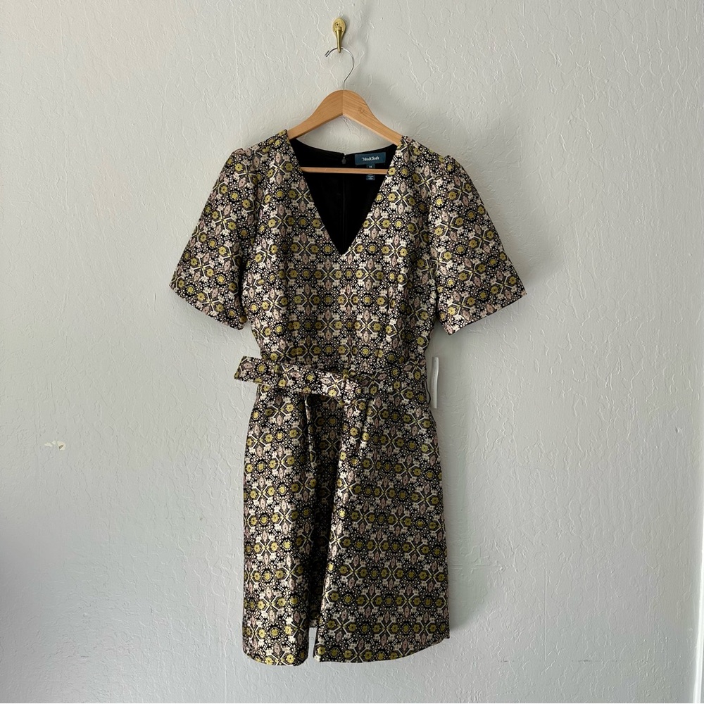 Modcloth Cocktails at Golden Hour Black & Gold V-Neck Fit & Flare Dress, NWT